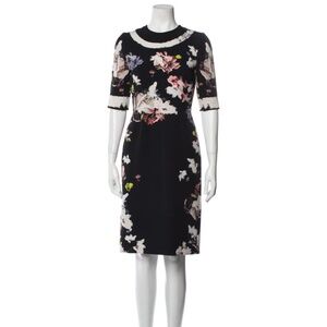ERDEM Ivy Black Floral Half Sleeve Scuba Dress - US Size 6